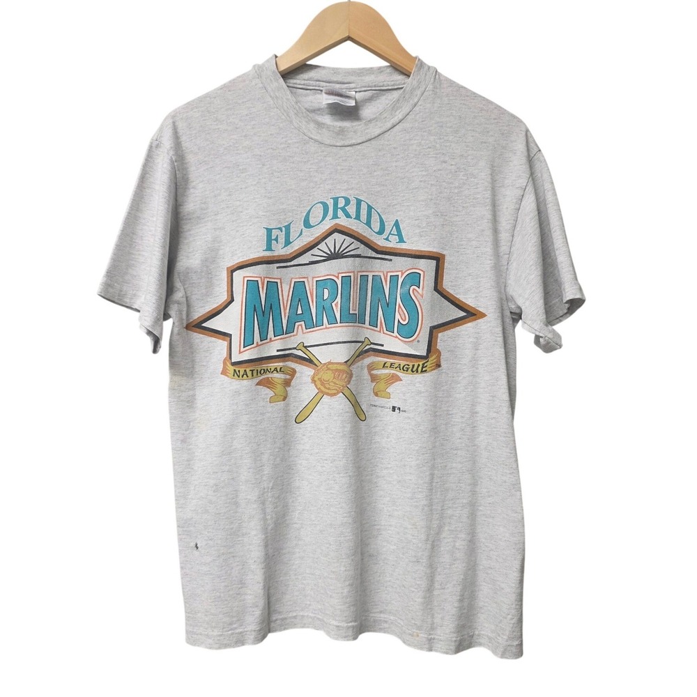 Vintage Florida Marlins 1995 T-Shirt Mens M Gray MLB Baseball Graphic Tee Grunge